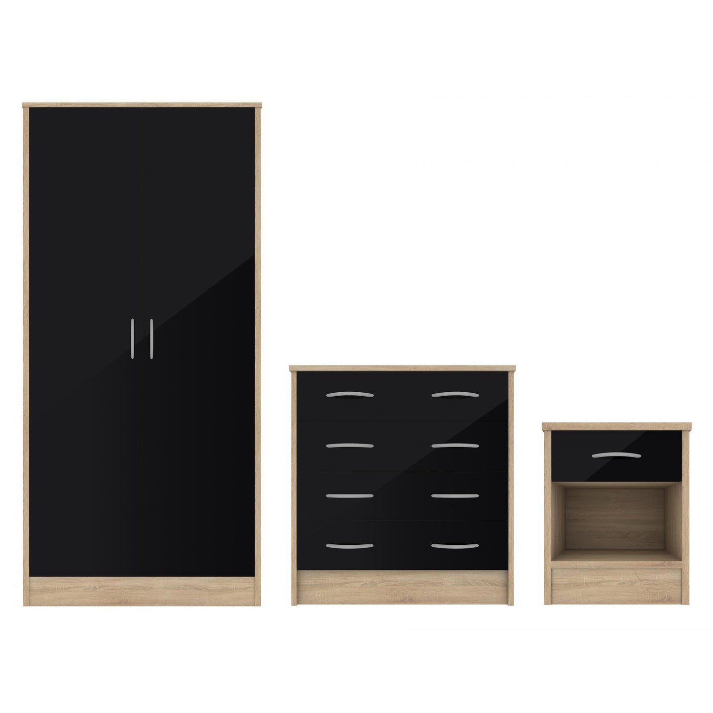Bardalona Trio Wardrobe Chest & Bedside Black Gloss