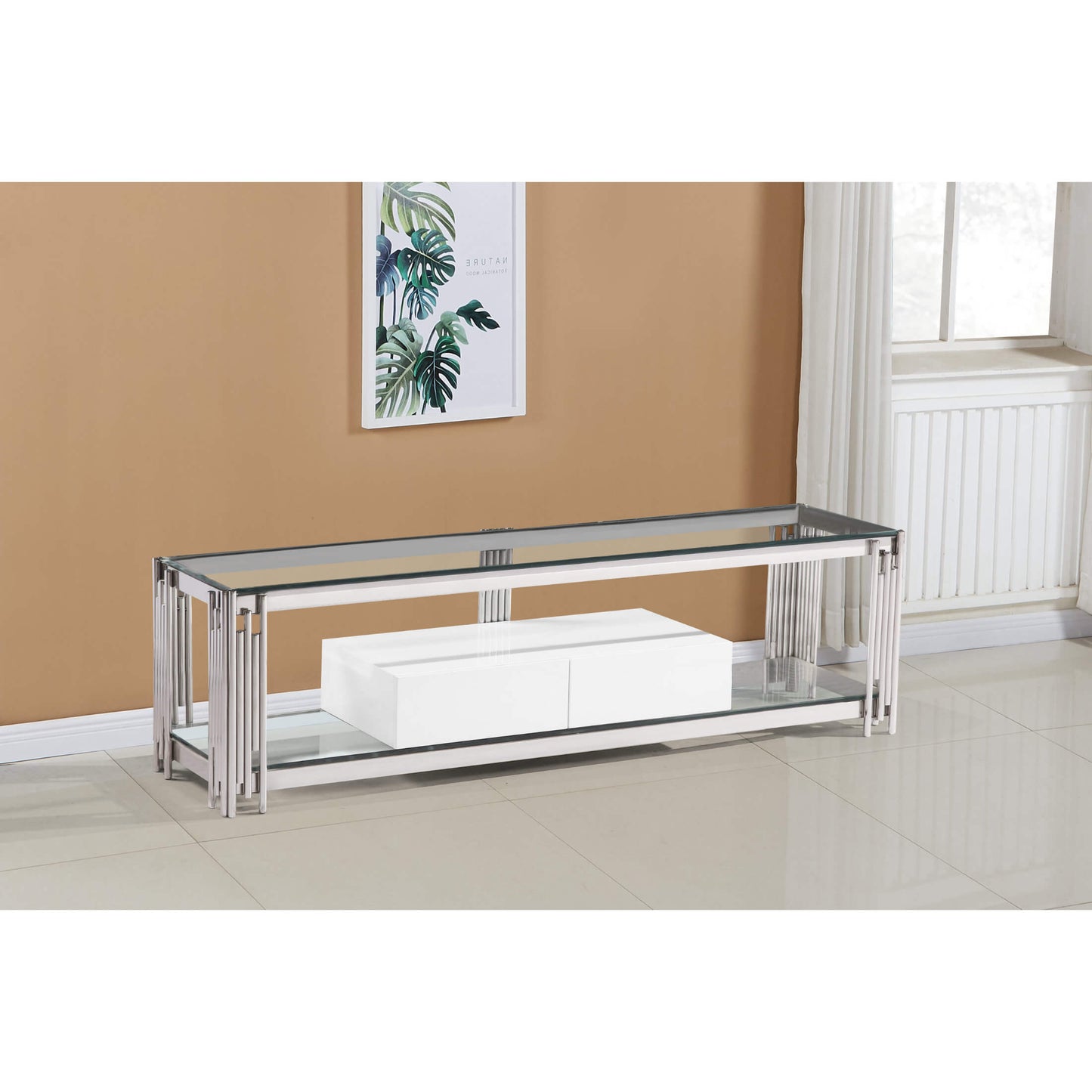 Fulvia Clear Glass TV Unit with High Gloss Drawer White