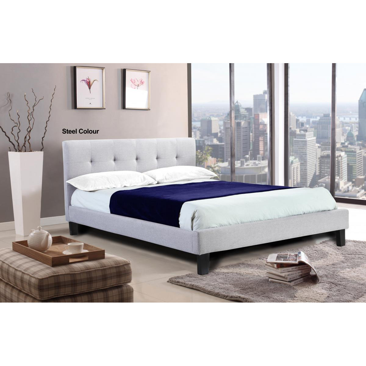 Hollywell Linen Fabric Double Bed Grey