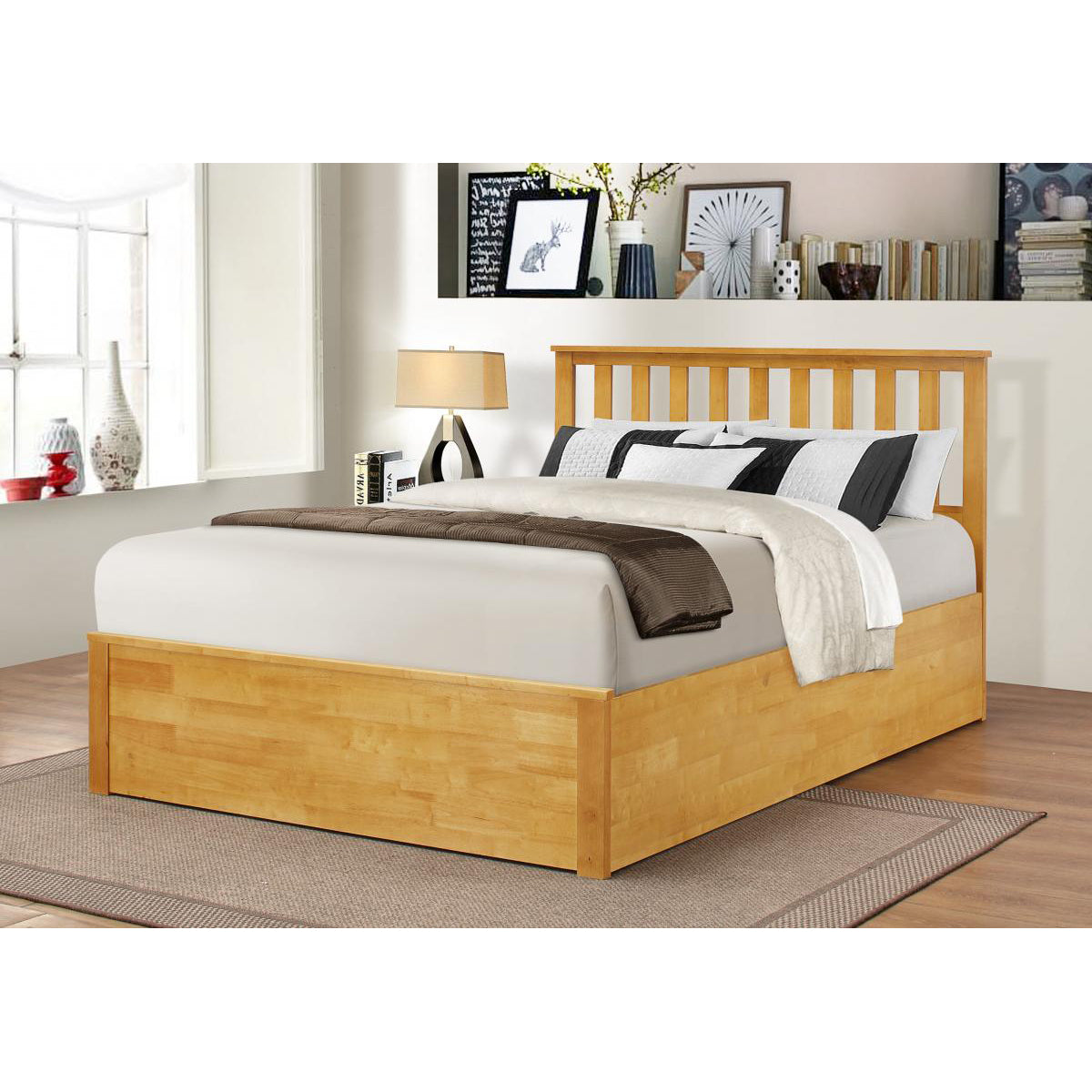 Zoe Storage Double Bed Solid Rubberwood Oak